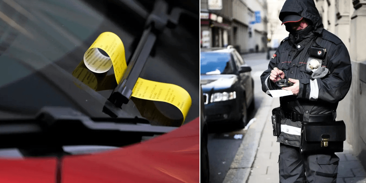 Till vänster: Gul P-bot fastsatt under vindrutetorkaren på en felparkerad bil. Till höger: Parkeringsvakt.