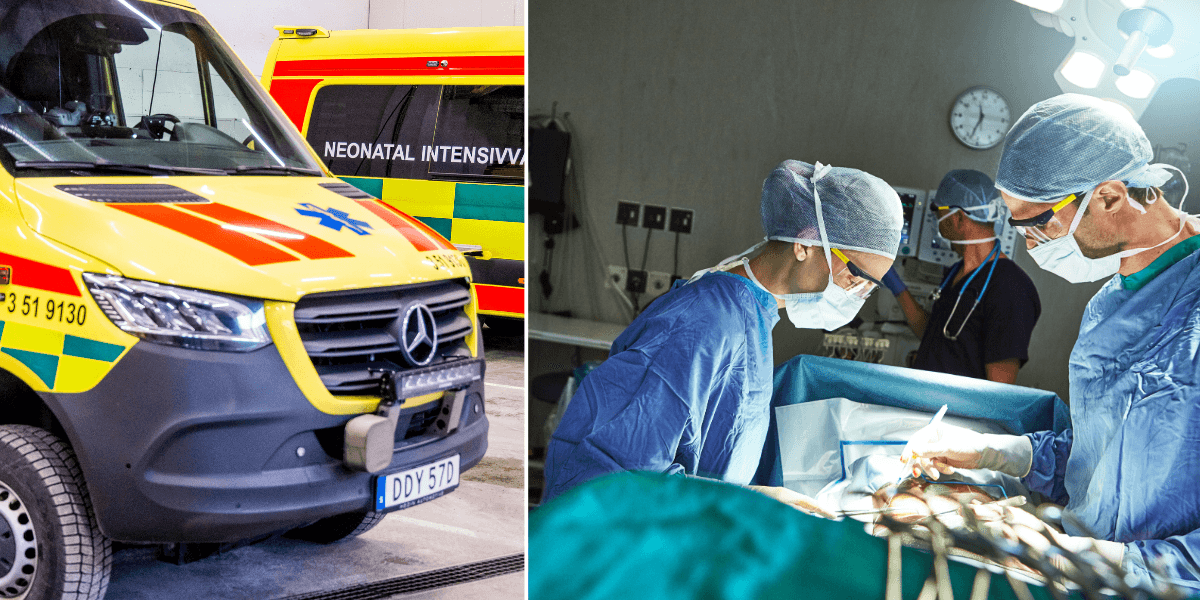 Ambulans till vänster och läkare som utför hjärtvård till höger.
