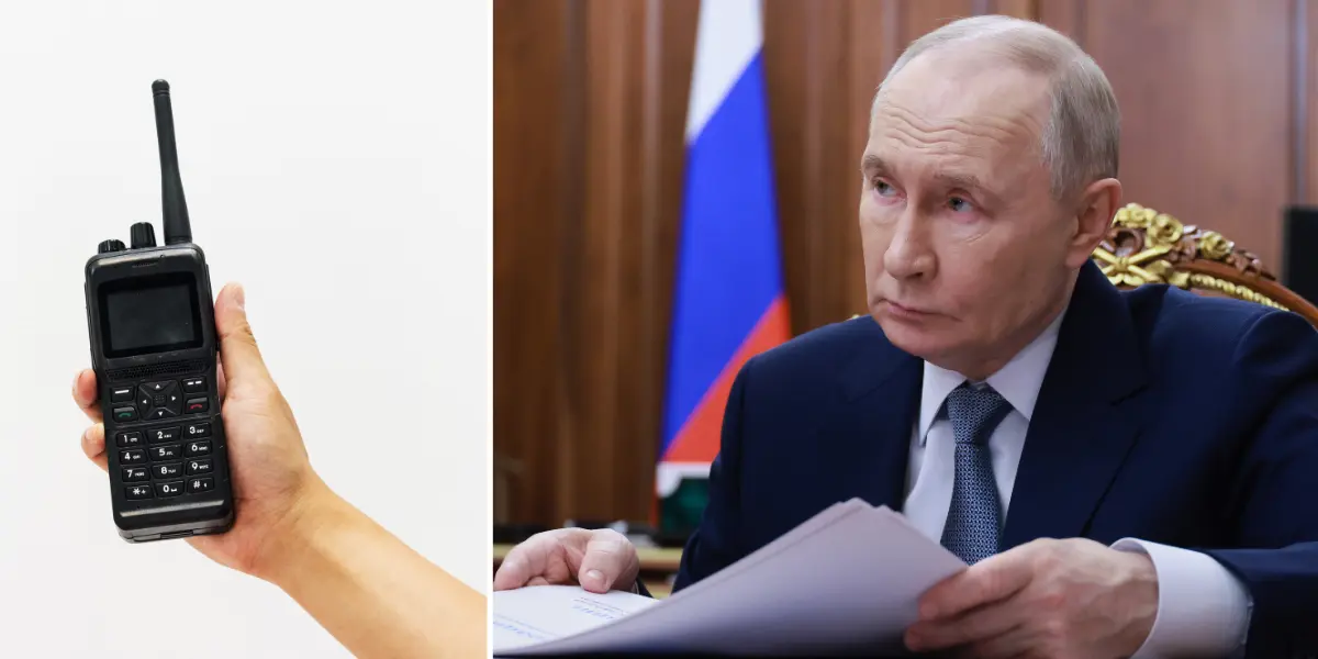 Walkie talkie, som används istället för internet, till vänster och Putin till höger.