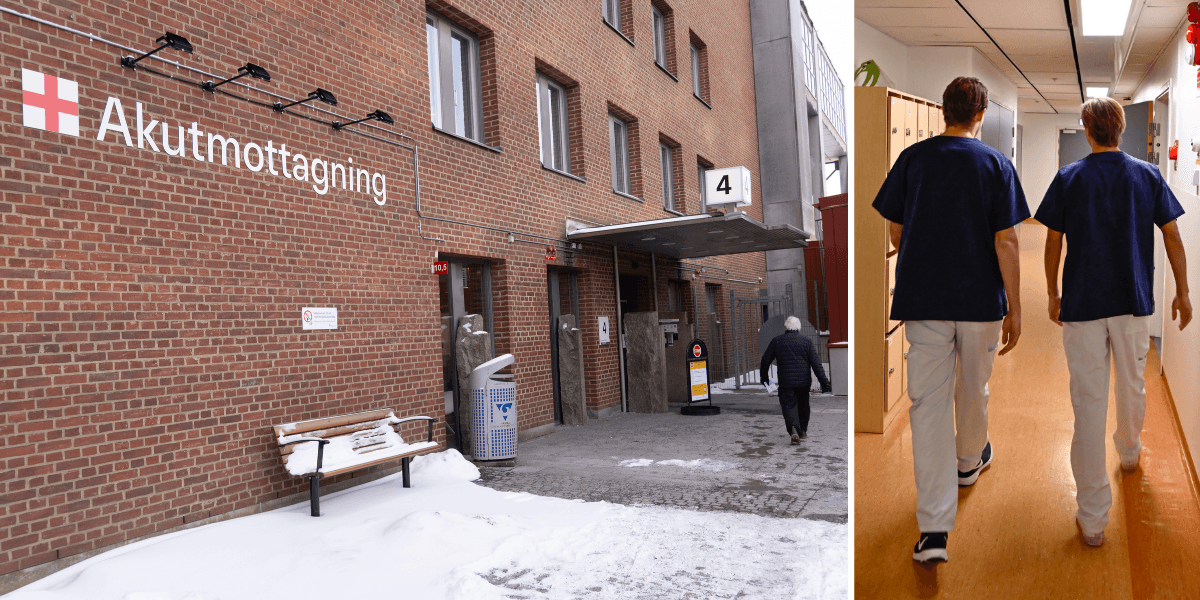 Fasaden på ett sjukhus till vänster och två läkare till höger som bytt journalsystem.