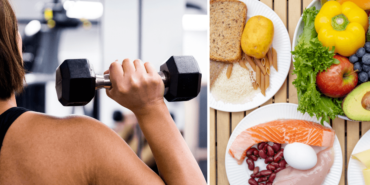 En kvinna som lyfter en hantel till vänster och mat på tre olika tallrikar till höger.