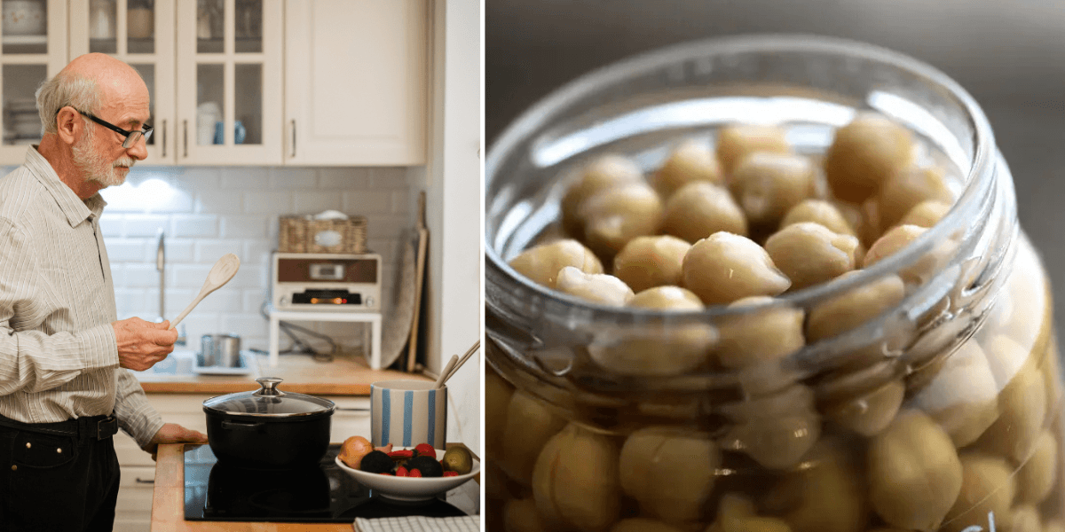 Till vänster: En äldre man lagar mat. Till höger: En burk med kikärtor