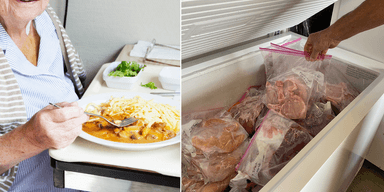 till vänster: äldre kvinna äter mat. till höger: fryst kött