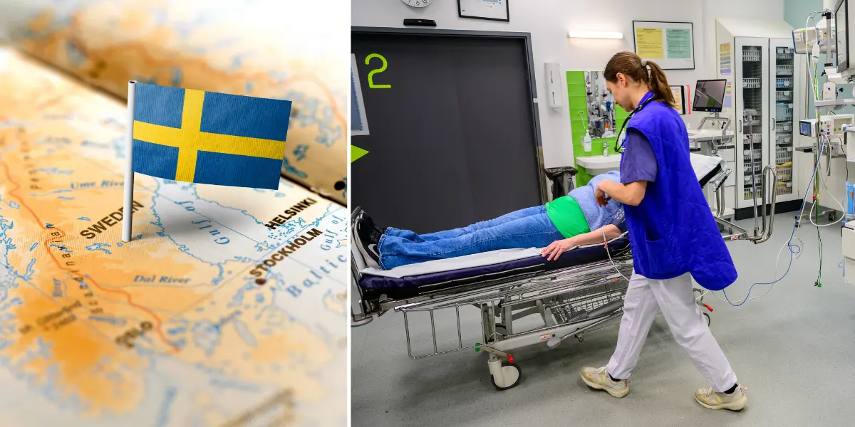 Sveriges karta till vänster och en läkare med en patient på bår till höger.