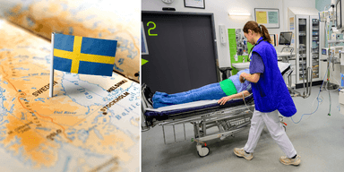 Sveriges karta till vänster och en läkare med en patient på bår till höger.