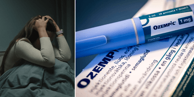 Deprimerad kvinna på säng till vänster, läkemedel till höger.