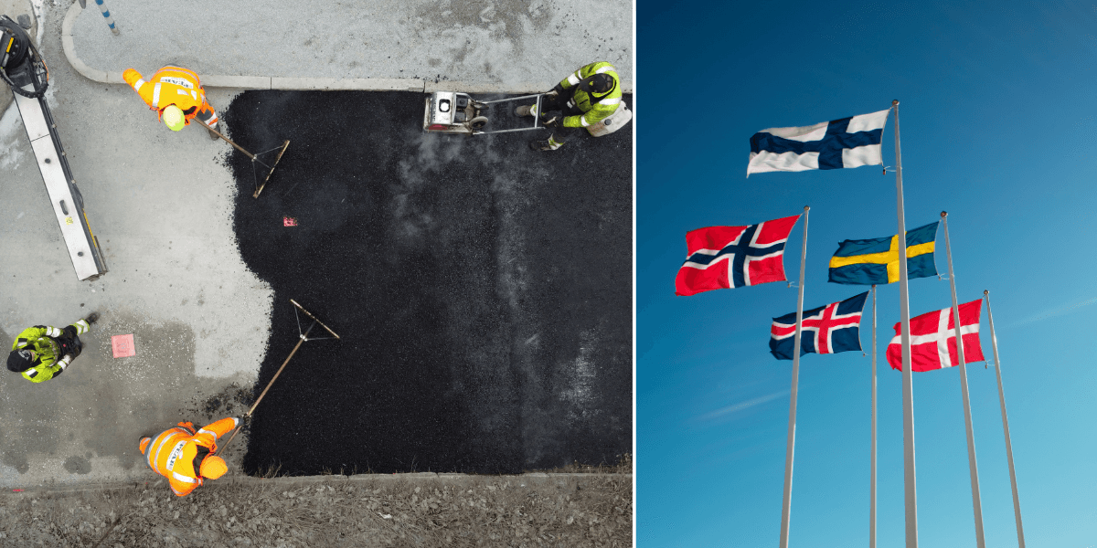 Svenskar som har längre arbetstid än andra med lägre lön till vänster och de nordiska flaggorna till höger.