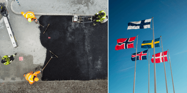 Svenskar som har längre arbetstid än andra med lägre lön till vänster och de nordiska flaggorna till höger.