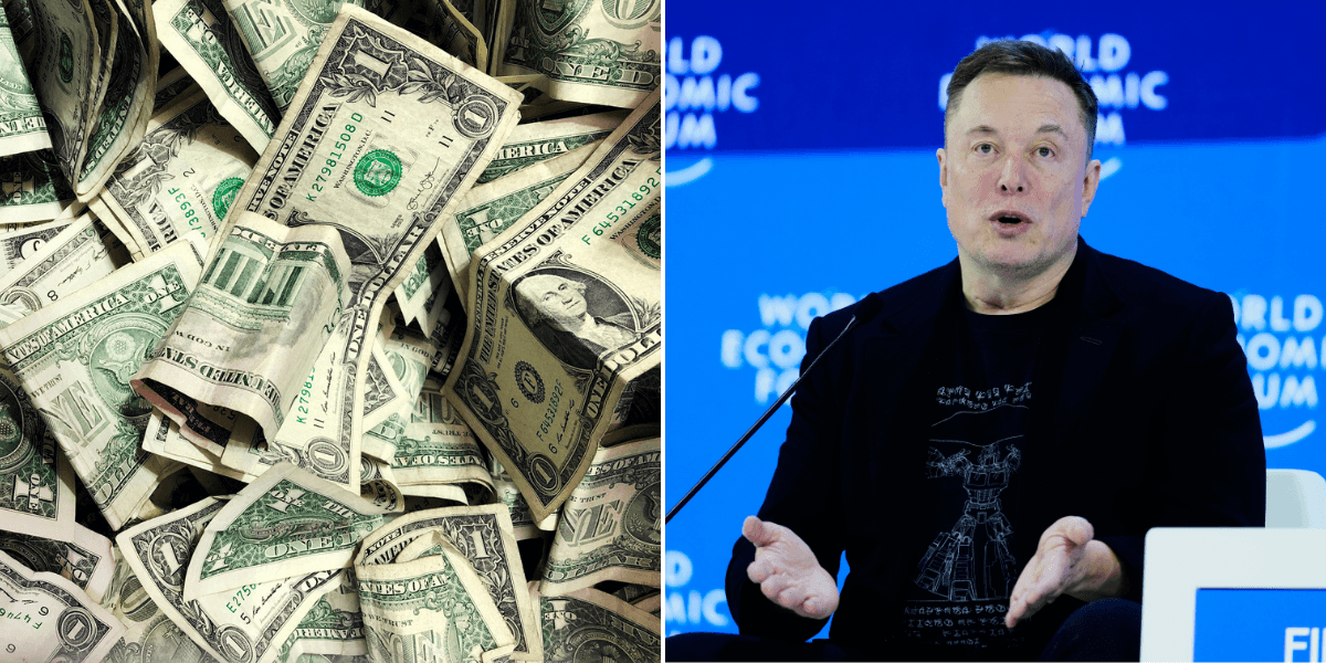 Dollarsedlar till vänster och miljadären Elon Musk vid en mikrofon till höger.