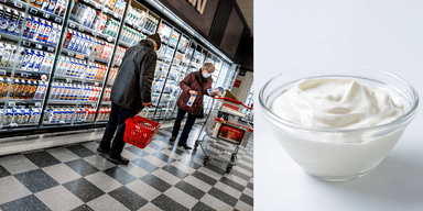 Ett äldre par i en matbutik till vänster, en skål med kvarg till höger.