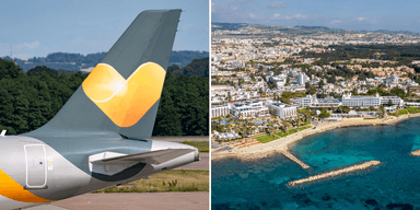 Resor: Ett flygplan till vänster och vy över Cypern till höger.