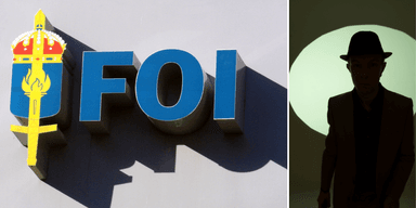 FOI logga till vänster och en spion i mörk siluett till höger.