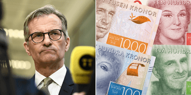 Riksbankchefen om styrräntan till vänster och svenska sedlar till höger.