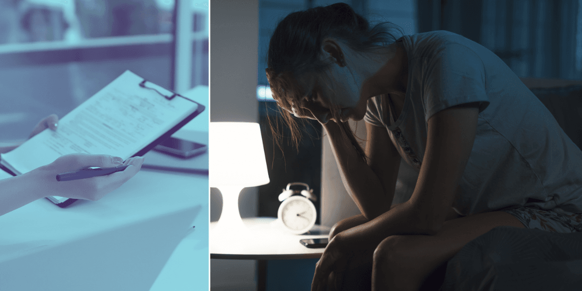 En journal till vänster och en kvinna med uttmattningssyndrom på en sängkant till höger.