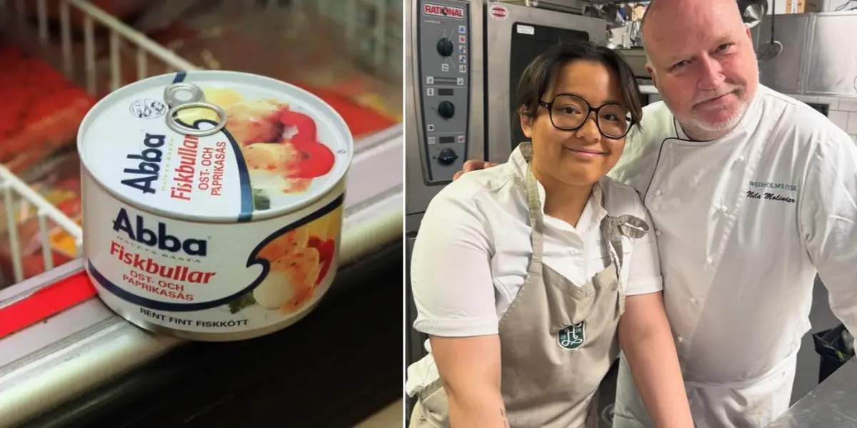 Till vänster: Abbas fiskbullar på burk. Till höger: Linnea Jarnrot i ett kök.