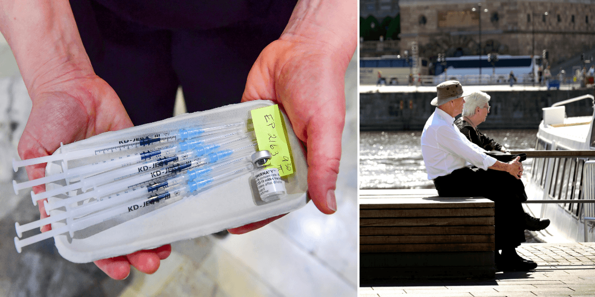 Vaccination till vänster och ett äldre par i siluett på en bänk till höger.