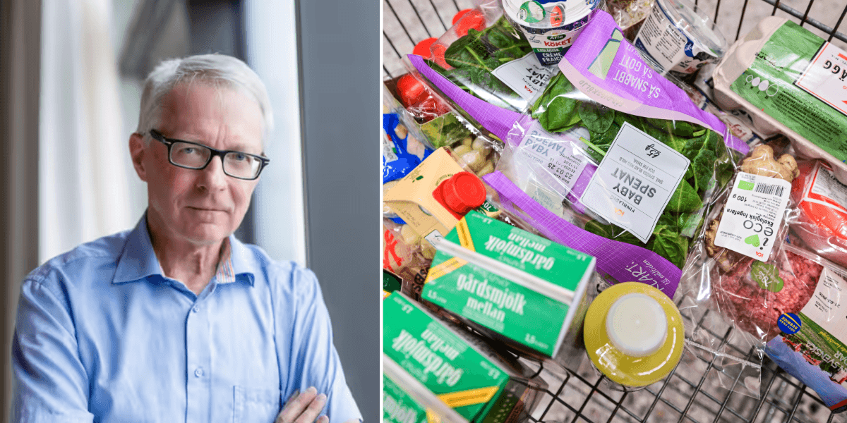 En man i blå skjorta till vänster, matvaror, med eventuellt dyrare matpriser, till höger.