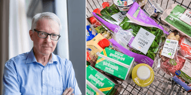 En man i blå skjorta till vänster, matvaror, med eventuellt dyrare matpriser, till höger.