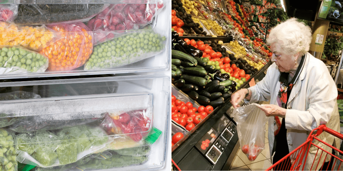 Till vänster: Grönsaker i en frys. Till höger: En pensionär handlar mat.