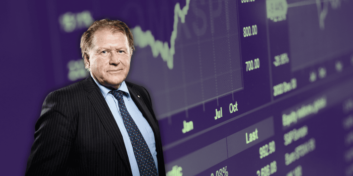 Bilder på börsen och i front en man i kostym.