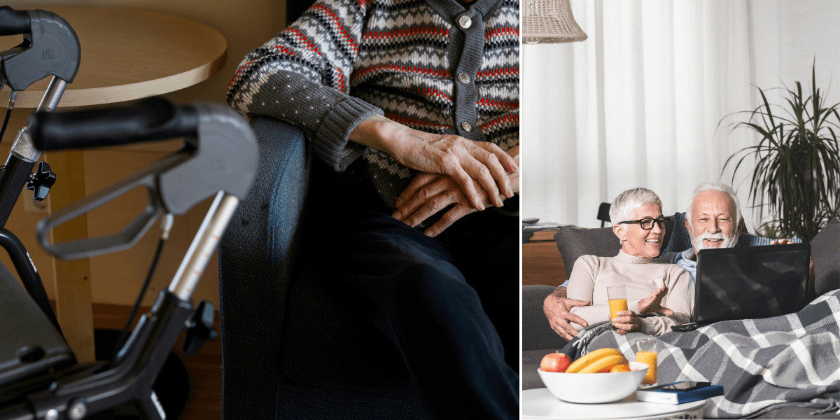 En person i äldreomsorgen och ett par som bor hemma.