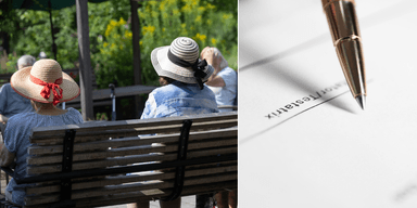 Två äldre kvinnor på en bänk till vänster och en penna som skriver ner ett arv till höger.