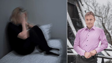 En kvinna med oro till vänster och en man i rosa skjorta till höger.