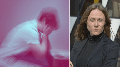 En person med depression till vänster och en kvinna med armarna i kors till höger.