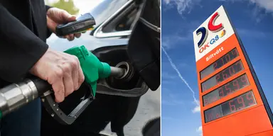 En hand som tankar bilen till vänster och en skylt med priser på drivmedel till höger.