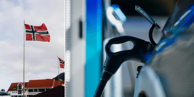 En norsk flagga till vänster och en elbil till höger.