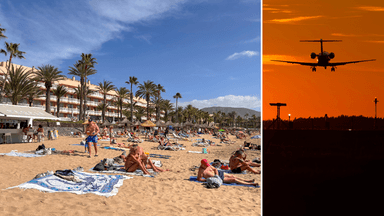 Människor på en strand efter flygresor till vänster och ett flyg i luften till höger.
