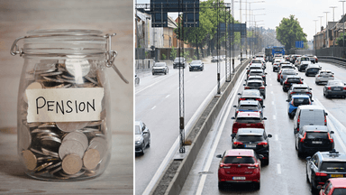 En burk med mynt som det står pension på till vänster och en väg med körande bilar till höger.