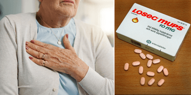 En äldre kvinna med halsbränna till vänster och tabletter till höger.