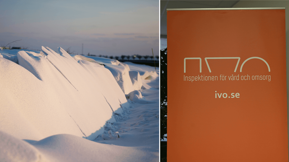 En snödriva till vänster och en ivo-skylt till höger.