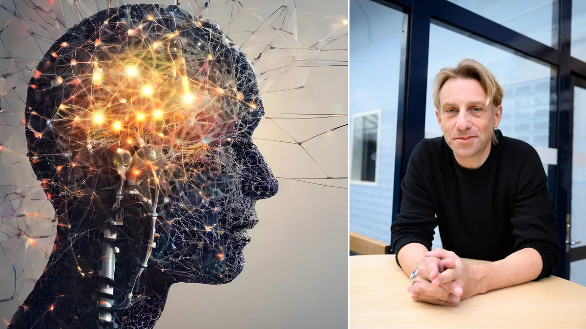 Hjärnan till vänster och en blond man vid ett bord till höger.