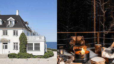 Utsidan på ett hotell till vänster och en snöig balkong med brasa till höger.