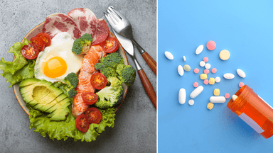 En tallrik med ketodiet till vänster och piller till höger.