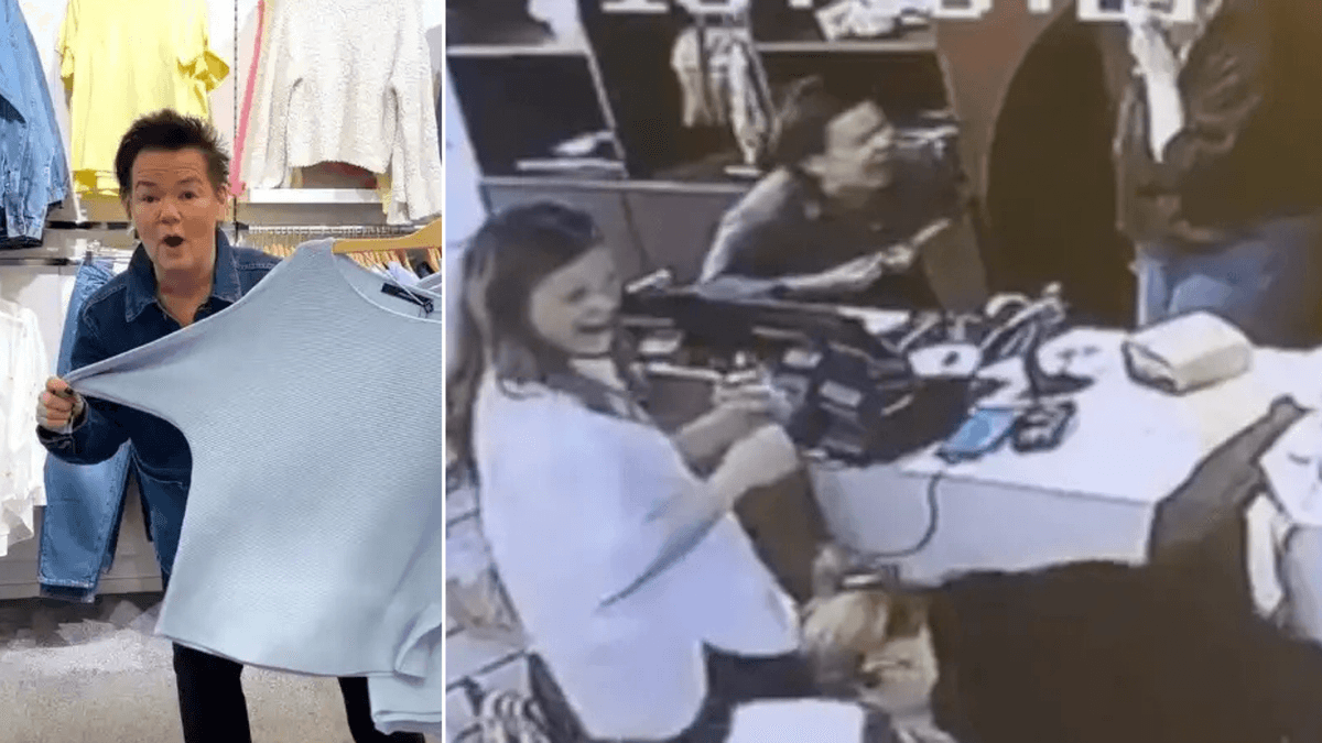 En kvinna som håller upp en tröja till vänster och en grupp kvinnor som skrattar i en butik till höger.