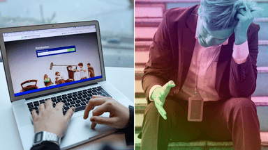 En som söker jobb på en dator till vänster och en långtidsarbetslös till höger.