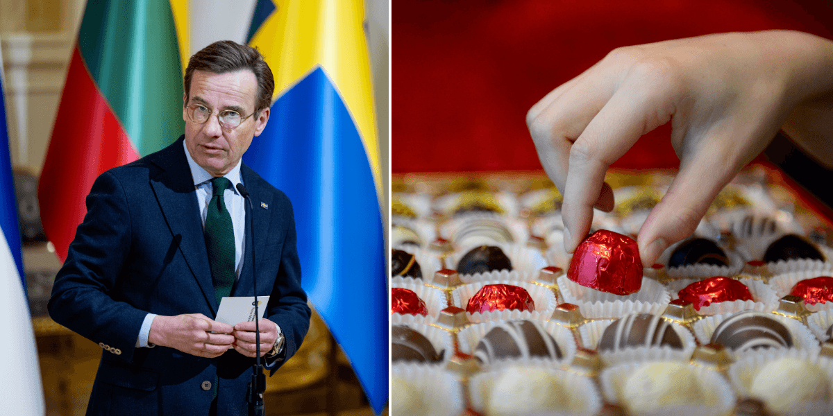 Statsminister Ulf Kristersson till vänster och en pralinask till höger.