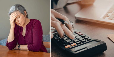 En kvinna med ekonomisk stress till vänster och en hand och en miniräknare till höger.