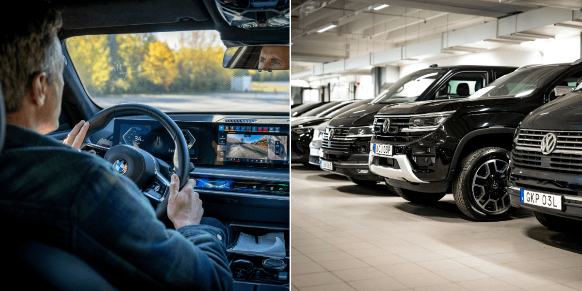 En man som kör bil till vänster och bilar på rad där man ser registreringsskyltarna till höger.