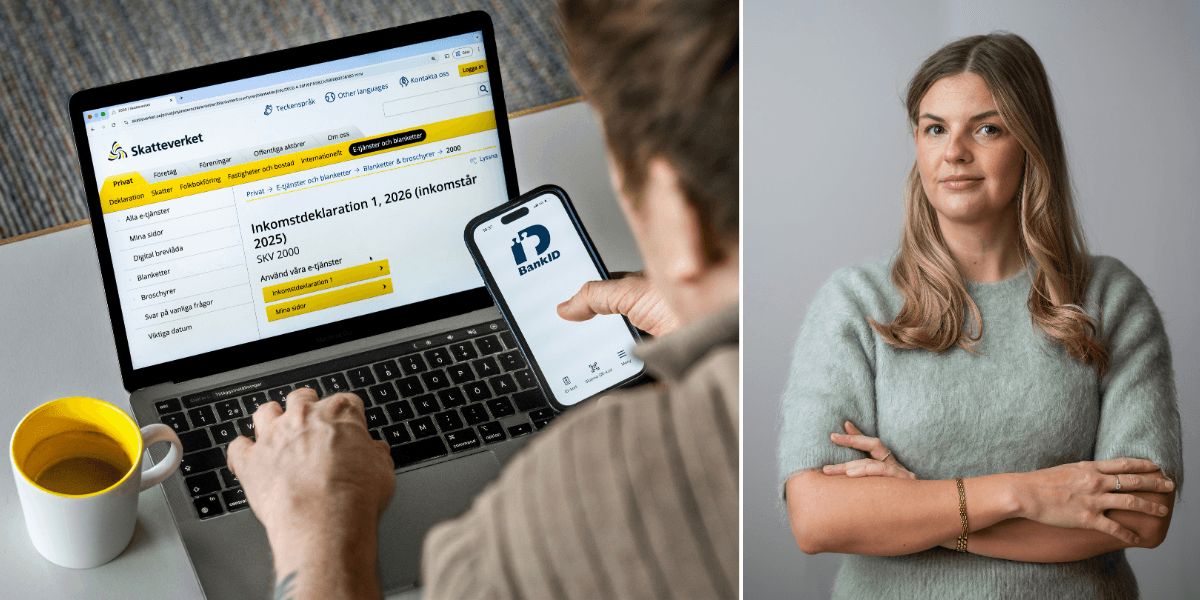 En person som deklarerar digitalt till vänster och en blond kvinna som ger råd och skatteåterbäring till höger.