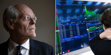 Stefan Ingves i profil till vänster, en kille orolig för sitt sparande till höger.