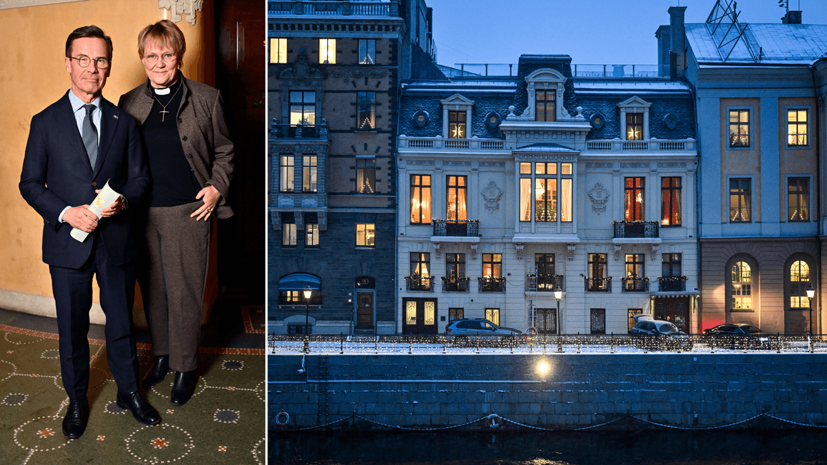 Statsminister Ulf Kristersson och han fru till vänster och Sagerska palatset till höger.