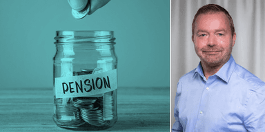 En en sparar till tjänstepension till vänster och en man i blå skjorta till höger.