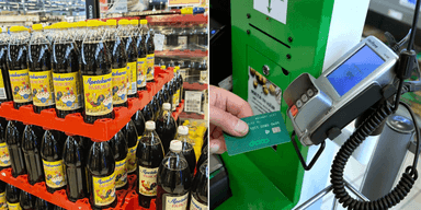 Till vänster: påskmust Till höger: Kortbetalning i livsmedelsaffären COOP.