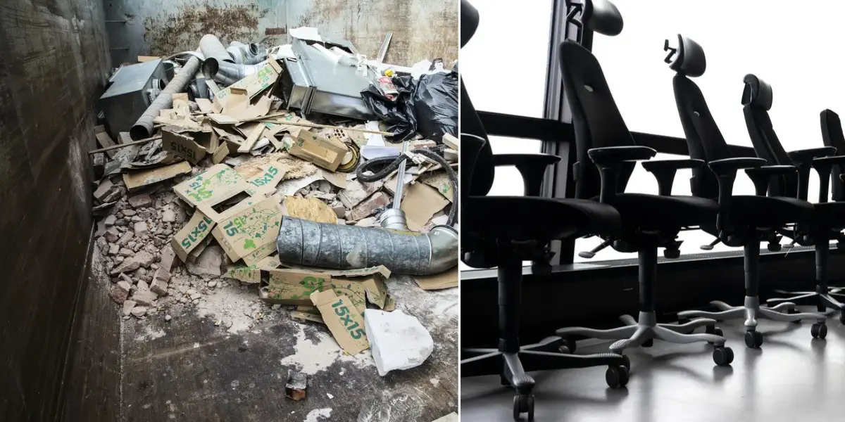 Till vänster: Container med skräp. Till höger: stolar på ett kontor.
