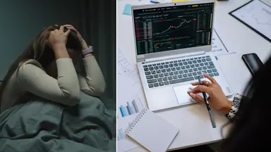 En kvinna som har ångest i sin säng till vänster och en kvinna som ser över sin ekonomi till höger.