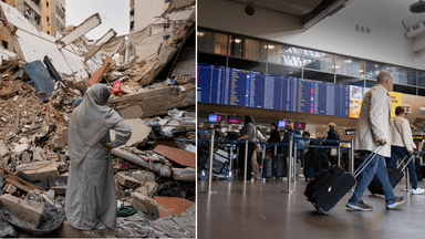 En kvinna i kriget till vänster och en man som drar sin rullväska på väg mot ett resmål på en flygplats till höger.